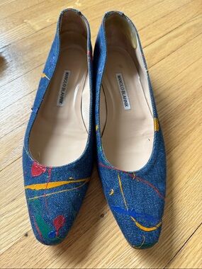 Manolo Blahnik Denim Flats with Multicolor Paint Accents